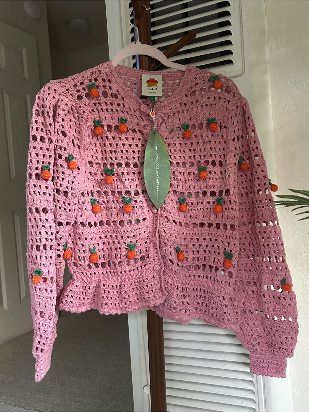 FARM Rio Pink Crochet Pom-Pom Peplum Cardigan - Picture 6 of 15
